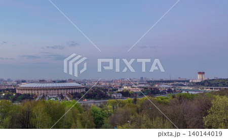 Panoramic view of Moscow City, Russia, from Sparrow Hills day to night timelapse Panoramic view of Moscow City, Russia, from Sparrow Hills day to night timelapse 140144019