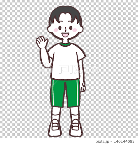 An illustration of a boy in gym clothes smiling and waving. An illustration of a boy in gym clothes smiling and waving. 140144085