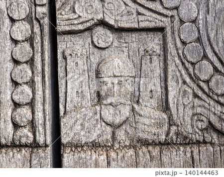 Ancient wooden carvings that decorate buildings in Svaneti, Georgia 140144463