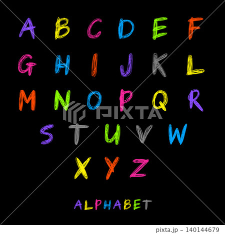English alphabet. Difference colors uppercase letters isolated on black background. Funny cartoon hand drawn pencil font. Stock vector illustration for cute style banners English alphabet. Difference colors uppercase letters isolated on black background. Funny cartoon hand drawn pencil font. Stock vector illustration for cute style banners 140144679