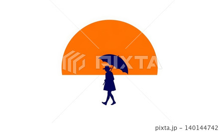 Lifestyle - Minimalist Silhouette of Person Walking With Umbrella Against Bold Orange Semicircle Sun Lifestyle - Minimalist Silhouette of Person Walking With Umbrella Against Bold Orange Semicircle Sun 140144742