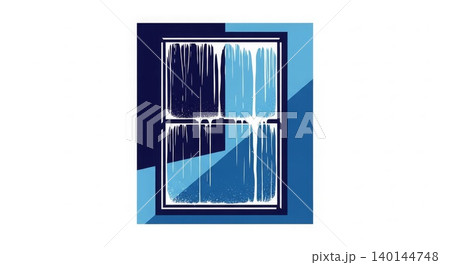 Winter - Frozen Double Hung Window with Ice Drips and Cold Blue Tones Flat Illustration 140144748