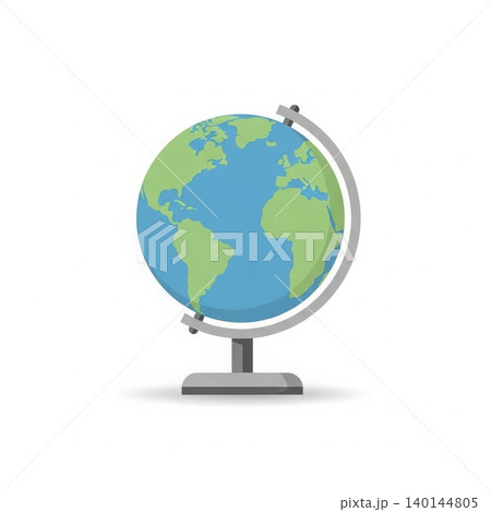 Education - Flat Design Desktop Globe on Stand Showing World Map with Blue Oceans and Green Continents 140144805