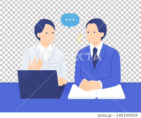 Vector illustration of a suit-wearing employee and site manager having a meeting while looking at a laptop. Vector illustration of a suit-wearing employee and site manager having a meeting while looking at a laptop. 140144958