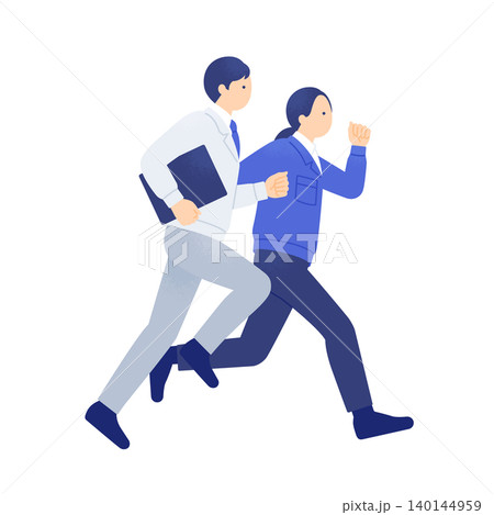 前に向かって走る作業服を着た人物 タブレットを持って駆け出す男女のベクターイラスト素材 140144959