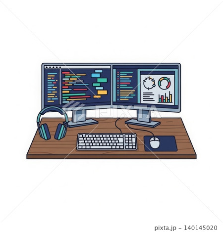 Technology - Dual Monitor Developer Workstation Setup with Code Editor and Data Dashboard on Wooden Desk Technology - Dual Monitor Developer Workstation Setup with Code Editor and Data Dashboard on Wooden Desk 140145020