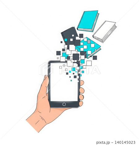Technology - Hand Holding Smartphone with Digital Books Flying Out as Pixel Squares Representing Ebook Reading App 140145023