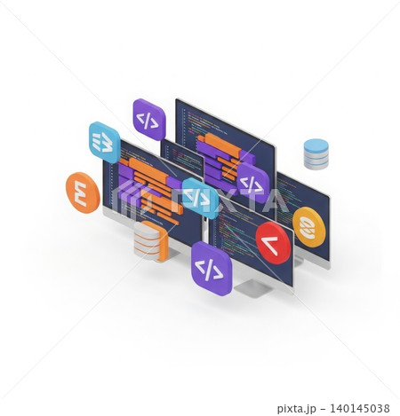 Web Development - Isometric 3D Multiple Monitor Setup with Code Editor HTML Tags and Database Icons Web Development - Isometric 3D Multiple Monitor Setup with Code Editor HTML Tags and Database Icons 140145038