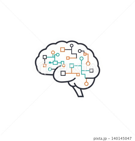 Artificial Intelligence - Digital Brain Circuit Network Icon Concept with Connected Nodes and Data Flow Illustration 140145047