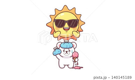Summer Heat - Cute Cartoon Polar Bear Sweating with Melting Ice Cream and Cool Sun Character Wearing Sunglasses Summer Heat - Cute Cartoon Polar Bear Sweating with Melting Ice Cream and Cool Sun Character Wearing Sunglasses 140145189