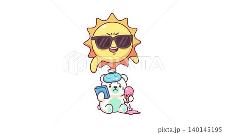 Summer Heat - Cute Cartoon Polar Bear Sweating with Ice Cream and Cool Pack Under Smiling Sun with Sunglasses Summer Heat - Cute Cartoon Polar Bear Sweating with Ice Cream and Cool Pack Under Smiling Sun with Sunglasses 140145195