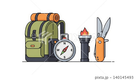 Outdoor Adventure - Hiking Gear Set with Backpack Compass Camping Stove and Swiss Army Knife Flat Illustration 140145493
