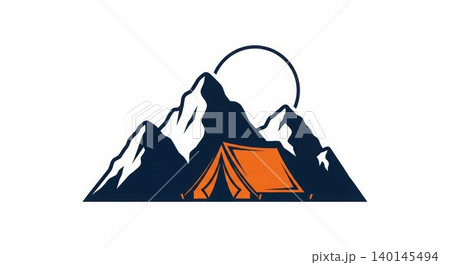Adventure - Mountain Camping Logo with Orange Tent Snow Capped Peaks and Moon Outdoor Wilderness Badge Adventure - Mountain Camping Logo with Orange Tent Snow Capped Peaks and Moon Outdoor Wilderness Badge 140145494