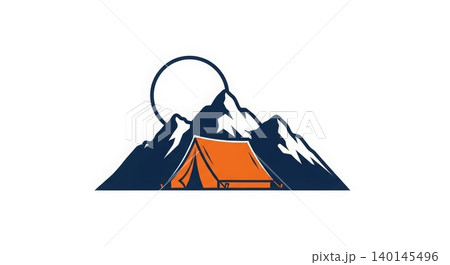 Adventure - Orange Camping Tent with Snow Capped Mountain Peaks and Moon Circle Outdoor Logo Design 140145496