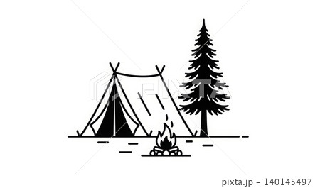 Camping - Black and White Line Art Illustration of Tent Campfire and Pine Tree Outdoor Scene 140145497