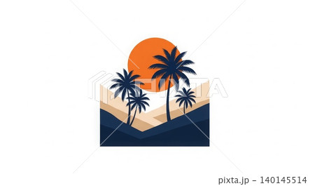 Travel - Tropical Palm Tree Silhouettes Against Orange Sunset with Sandy Desert Dunes Flat Vector Logo 140145514