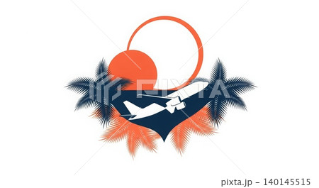 Travel - Tropical Summer Vacation Airplane Taking Off With Palm Trees and Orange Sunset Circle Logo 140145515