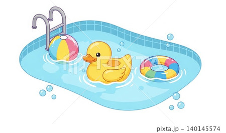 Swimming Pool - Cute Rubber Duck Floating in Blue Tiled Pool with Colorful Beach Ball and Inflatable Ring Swimming Pool - Cute Rubber Duck Floating in Blue Tiled Pool with Colorful Beach Ball and Inflatable Ring 140145574