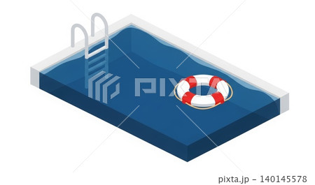 Swimming Pool - Isometric View of Rectangular Blue Swimming Pool with Metal Ladder and Red White Life Ring Float Swimming Pool - Isometric View of Rectangular Blue Swimming Pool with Metal Ladder and Red White Life Ring Float 140145578
