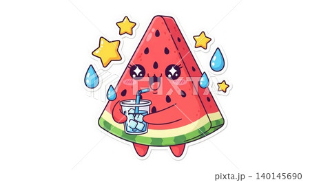Food - Cute Kawaii Watermelon Slice Cartoon Character Holding Iced Drink with Stars and Water Drops Sticker Food - Cute Kawaii Watermelon Slice Cartoon Character Holding Iced Drink with Stars and Water Drops Sticker 140145690