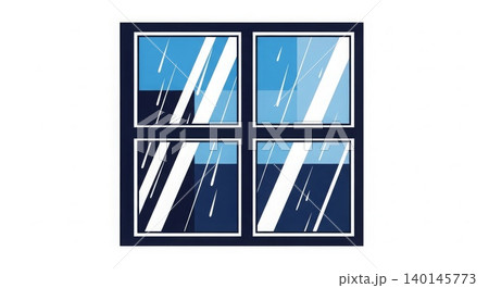 Weather - Rainy Day View Through Four Pane Window with Diagonal Rain Streaks and Blue Sky Reflection 140145773
