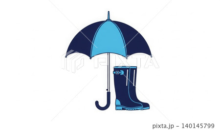 Weather - Navy Blue Umbrella and Matching Rain Boots Flat Illustration Set for Rainy Season Concept Weather - Navy Blue Umbrella and Matching Rain Boots Flat Illustration Set for Rainy Season Concept 140145799