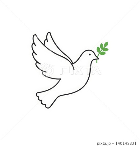Peace - White Dove Flying with Green Olive Branch in Beak Minimalist Line Art Icon Illustration Peace - White Dove Flying with Green Olive Branch in Beak Minimalist Line Art Icon Illustration 140145831