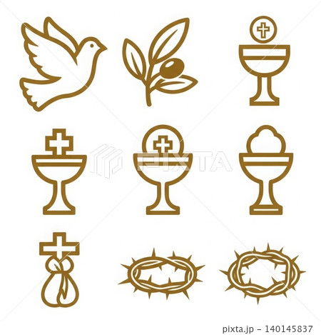 Religion - Christian Gold Line Icons Set with Dove Olive Branch Chalice Cross Crown of Thorns Symbols Religion - Christian Gold Line Icons Set with Dove Olive Branch Chalice Cross Crown of Thorns Symbols 140145837