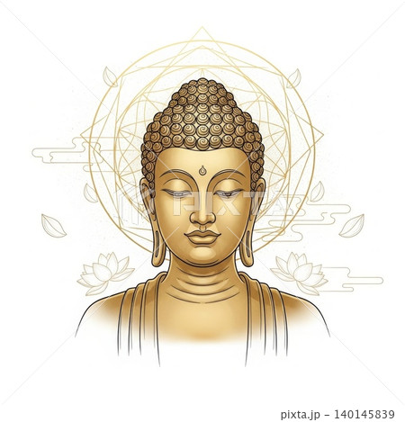 Religion - Golden Buddha Head Illustration with Sacred Geometry Halo Lotus Flowers and Meditative Serene Expression 140145839