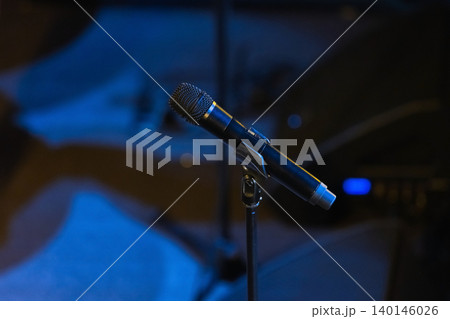 Close-up of a microphone on a stand ready for a live music 140146026