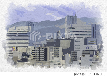 水彩画風 広島中心街 広島駅周辺 広島県広島市 水彩画風 広島中心街 広島駅周辺 広島県広島市 140146110