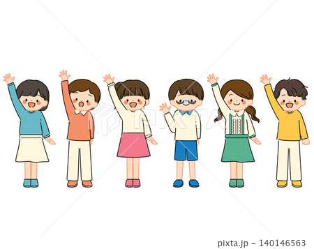 笑顔で手をあげる子どもたちの全身イラスト(ポップカラー) 笑顔で手をあげる子どもたちの全身イラスト(ポップカラー) 140146563