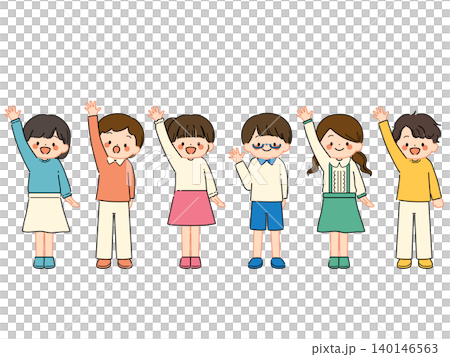 Full-body illustration of children raising their hands with smiles (in pop colors) 140146563
