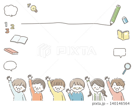 笑顔で手をあげる子どもたちの教育フレームイラスト 140146564