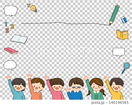 Educational frame illustration (pop colors) of children raising their hands with smiles 140146565