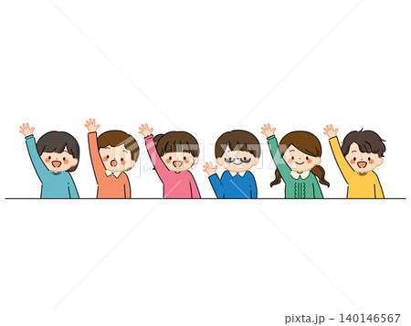 机の前で笑顔で手をあげる子どもたちのイラスト(ポップカラー) 机の前で笑顔で手をあげる子どもたちのイラスト(ポップカラー) 140146567