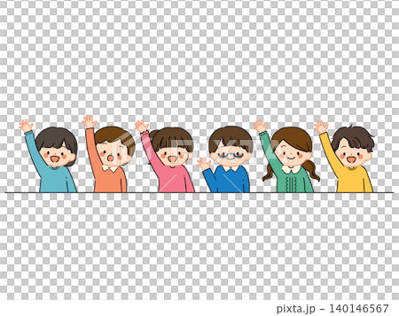 An illustration of children smiling and raising their hands in front of a desk (in pop colors). 140146567