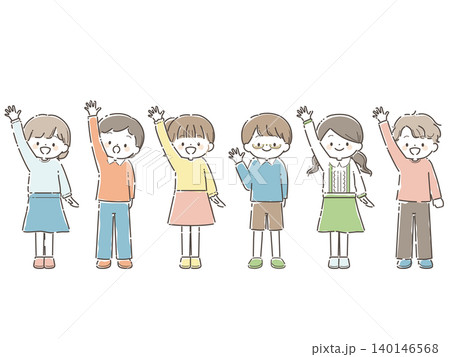 笑顔で手をあげる子どもたちの全身イラスト 140146568