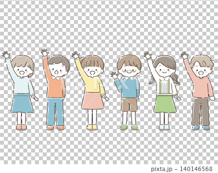 笑顔で手をあげる子どもたちの全身イラスト 140146568
