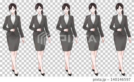 A standing illustration of a woman in a gray suit (with 5 different facial expressions). A standing illustration of a woman in a gray suit (with 5 different facial expressions). 140146597