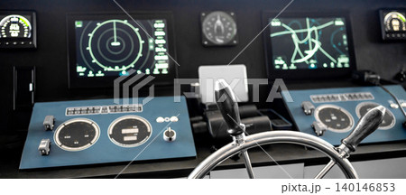 Digital dashboard with navigation monitor system, radar and VHF Radio in ship captain bridge 140146853