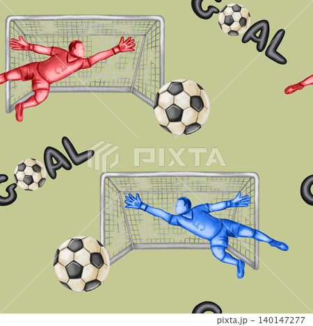 Seamless watercolor pattern with goalkeepers in jump, soccer gates, and football balls. Hand drawn sports background with "Goal" lettering for championship and fans decor. Football. Sport Seamless watercolor pattern with goalkeepers in jump, soccer gates, and football balls. Hand drawn sports background with "Goal" lettering for championship and fans decor. Football. Sport 140147277