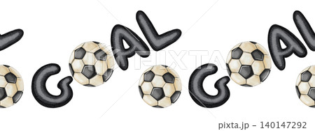 Seamless watercolor border featuring classic black and white soccer balls. Hand-drawn sports pattern, perfect for sports invitations, tournament posters, and fan club decor. Seamless watercolor border featuring classic black and white soccer balls. Hand-drawn sports pattern, perfect for sports invitations, tournament posters, and fan club decor. 140147292