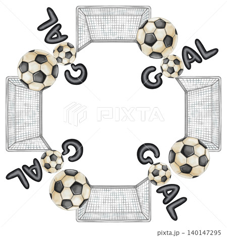 Watercolor football wreath with soccer goals, balls, and Goal lettering. Hand drawn sports frame for sports invitations, tournament posters, and fan club decor. Watercolor football wreath with soccer goals, balls, and Goal lettering. Hand drawn sports frame for sports invitations, tournament posters, and fan club decor. 140147295