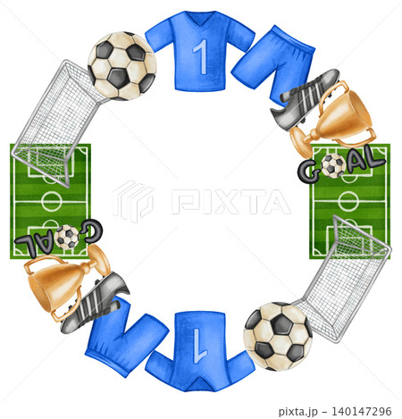 Watercolor football collage wreath with ball, goal, trophy, field, and uniform. Hand drawn diverse soccer equipment frame for sports invitations, tournament posters, and fan club decor. Watercolor football collage wreath with ball, goal, trophy, field, and uniform. Hand drawn diverse soccer equipment frame for sports invitations, tournament posters, and fan club decor. 140147296