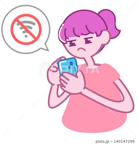 スマホがWi-Fiに繋がらなくて不安になっている女性 140147299