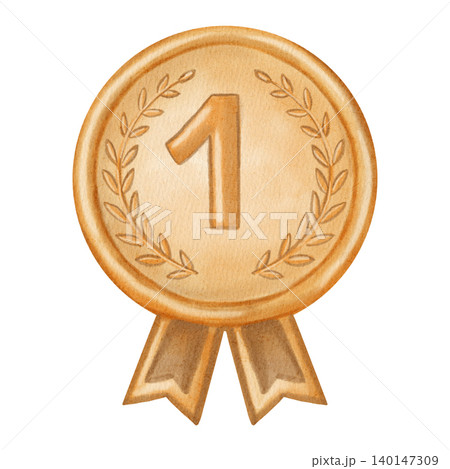 Hand-drawn watercolor gold medal with number one and laurel wreath. Sports award for first place winner in championship or tournament. 140147309
