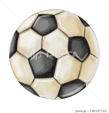 Detailed watercolor hand-drawn classic black and white soccer ball. Isolated icon for football game, sports equipment, championship, and athletic activity. football 140147310
