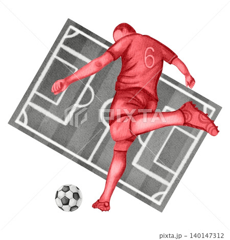 Watercolor illustration of a soccer player dribbling a ball against a soccer field. Dynamic sports action and movement, isolated on a white background. Soccer. Sport. Sports competition. 140147312