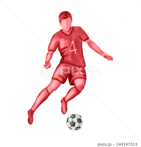 Watercolor illustration of a soccer player in a red uniform dribbling a ball. Dynamic sports action and movement, isolated on a white background. Football. Sports. Sports competition. 140147313